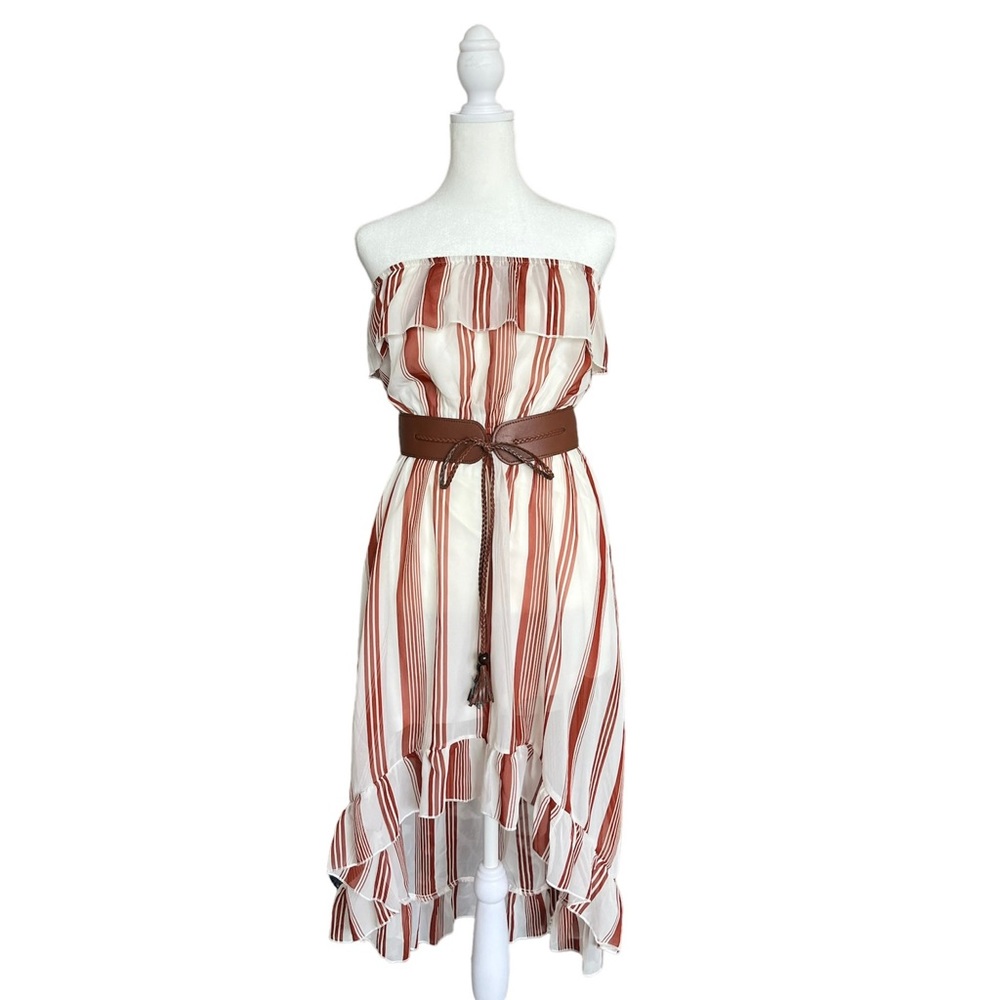 Rue 21 Midi Strapless White and Red Striped High Low Dress Size Small to Large